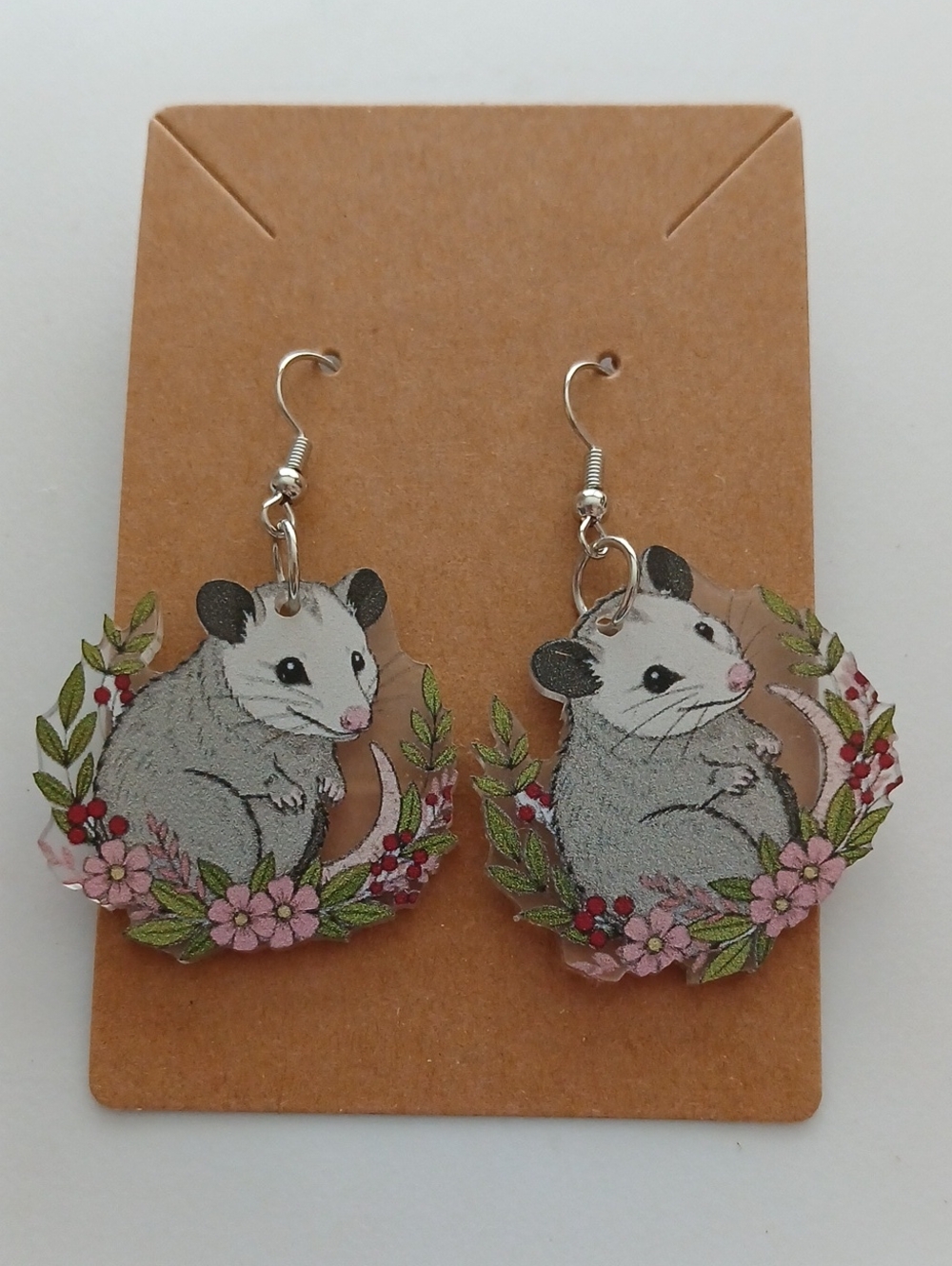 Gray Opossum Floral Dangle Earrings - Small Pets Jewelry